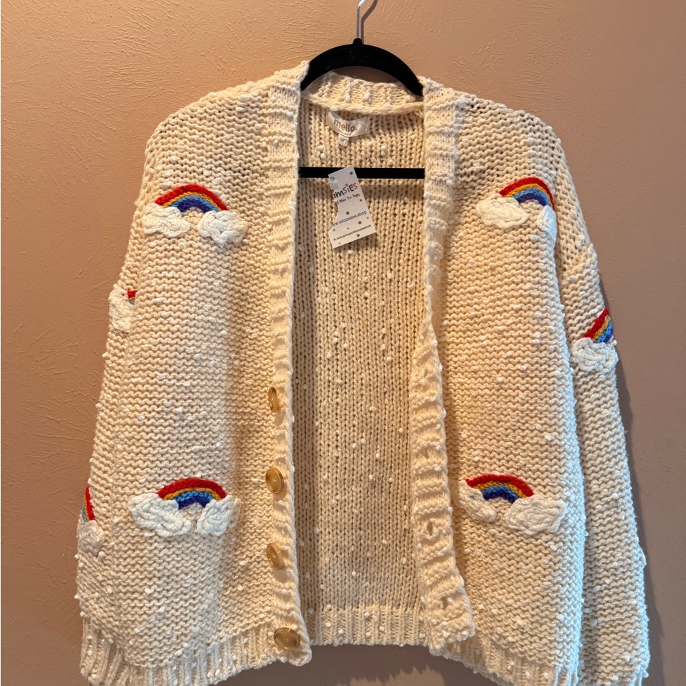 Cream Cardigan with Rainbow Embroidery